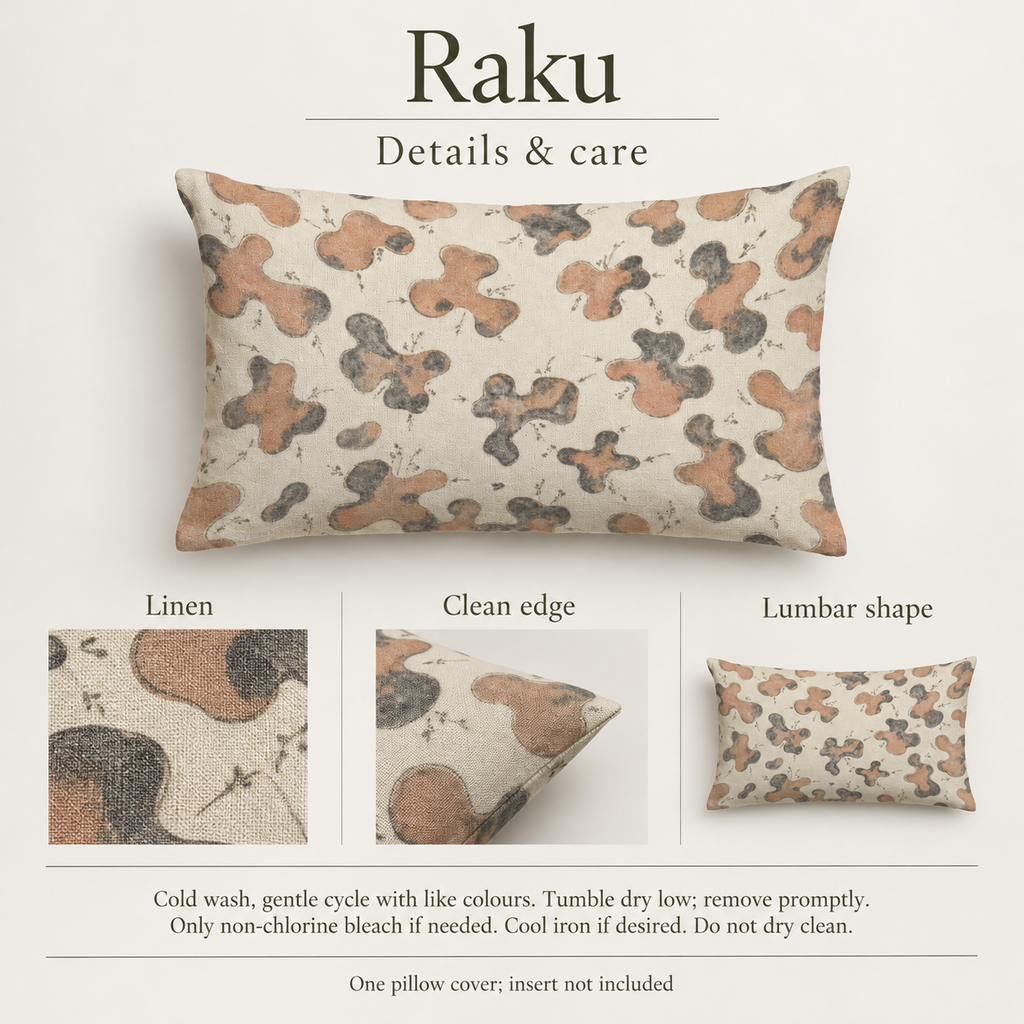 Raku — 22 × 14 Linen Lumbar Cover; details and care.