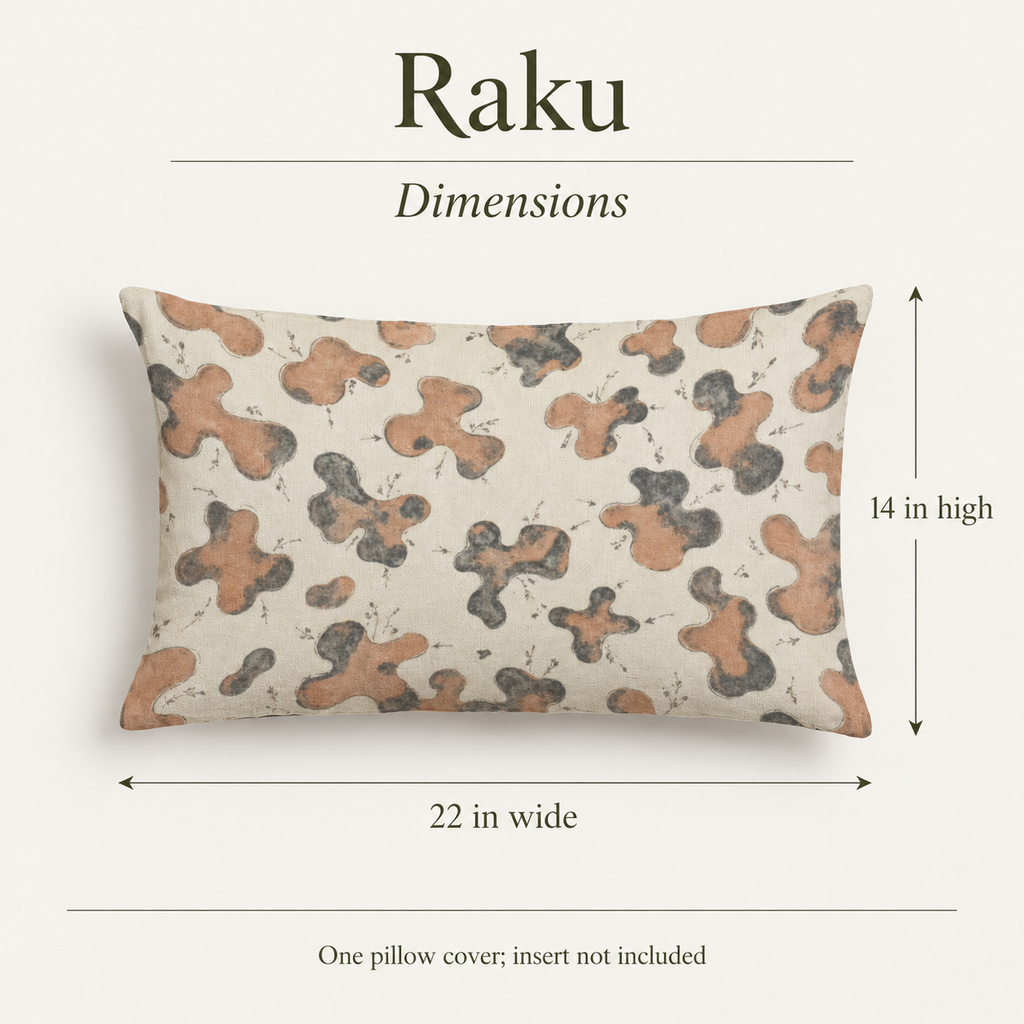 Raku — 22 × 14 Linen Lumbar Cover; dimensions and inclusions.