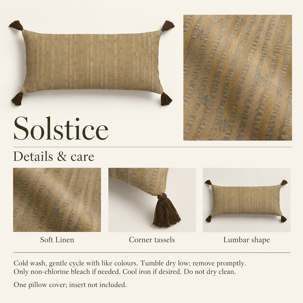 Solstice — 32 × 12 Soft Linen Tasselled Lumbar Cover; details and care.