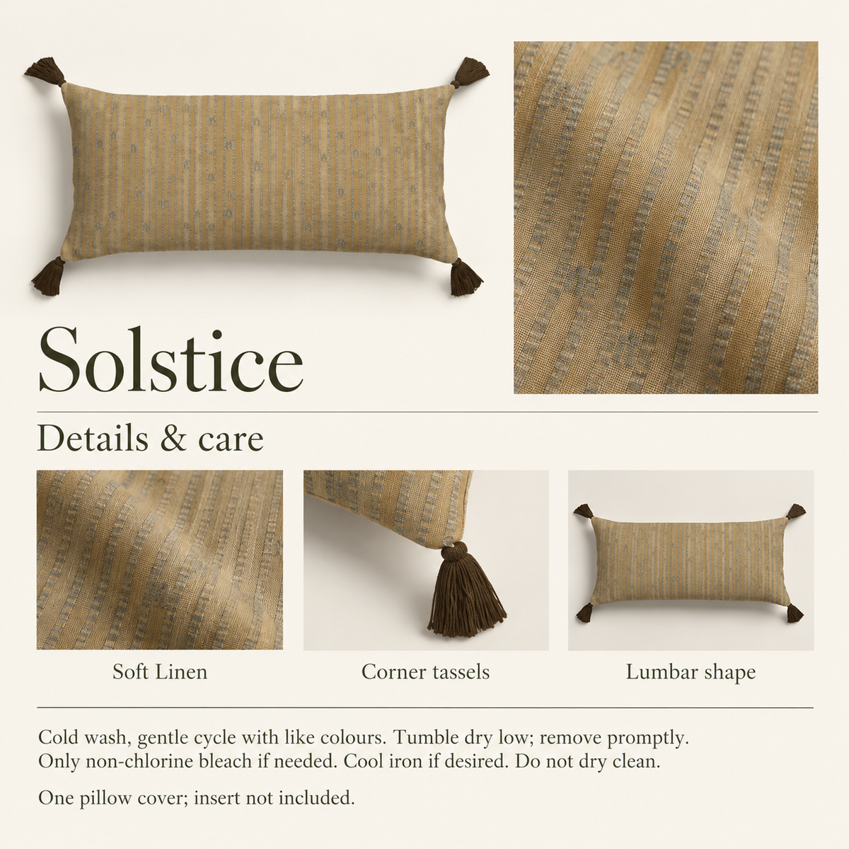 Solstice — 32 × 12 Soft Linen Tasselled Lumbar Cover; details and care.