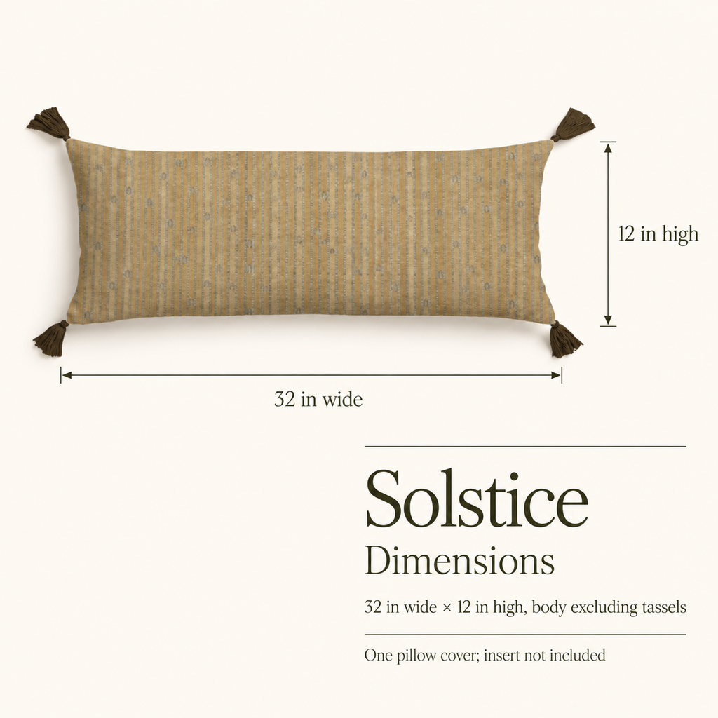 Solstice — 32 × 12 Soft Linen Tasselled Lumbar Cover; dimensions and inclusions.
