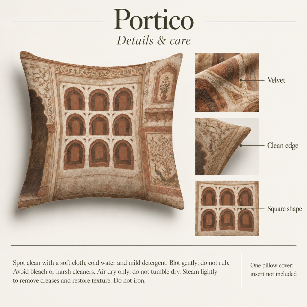 Portico — 12 × 12 Velvet Square Cover; details and care.