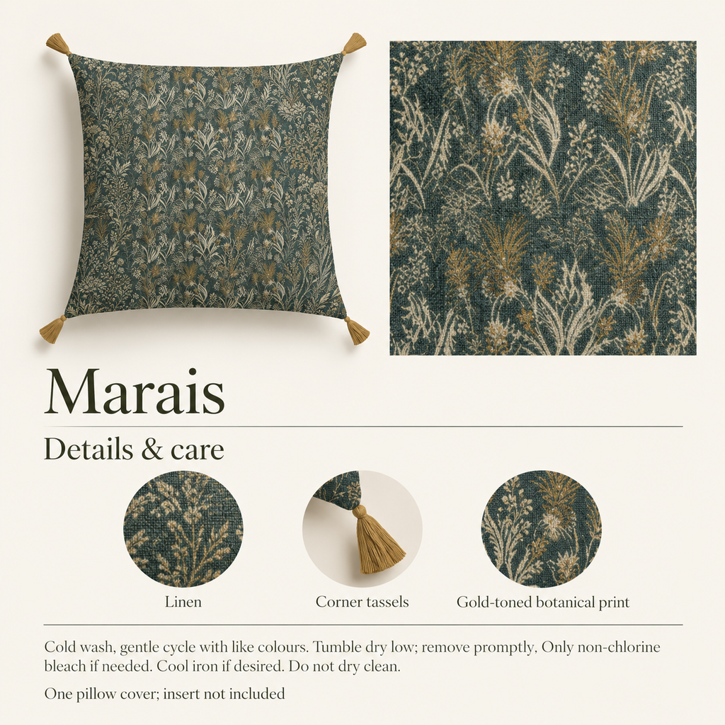 Marais — 24 × 24 Linen Square Cover; details and care.