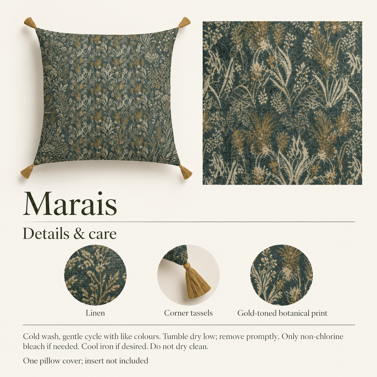 Marais — 24 × 24 Linen Square Cover; details and care.