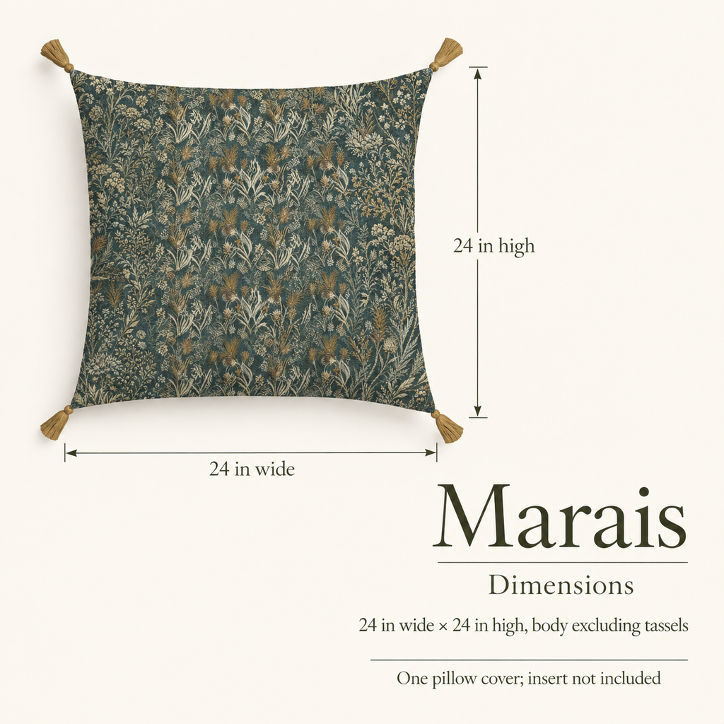 Marais — 24 × 24 Linen Square Cover; dimensions and inclusions.