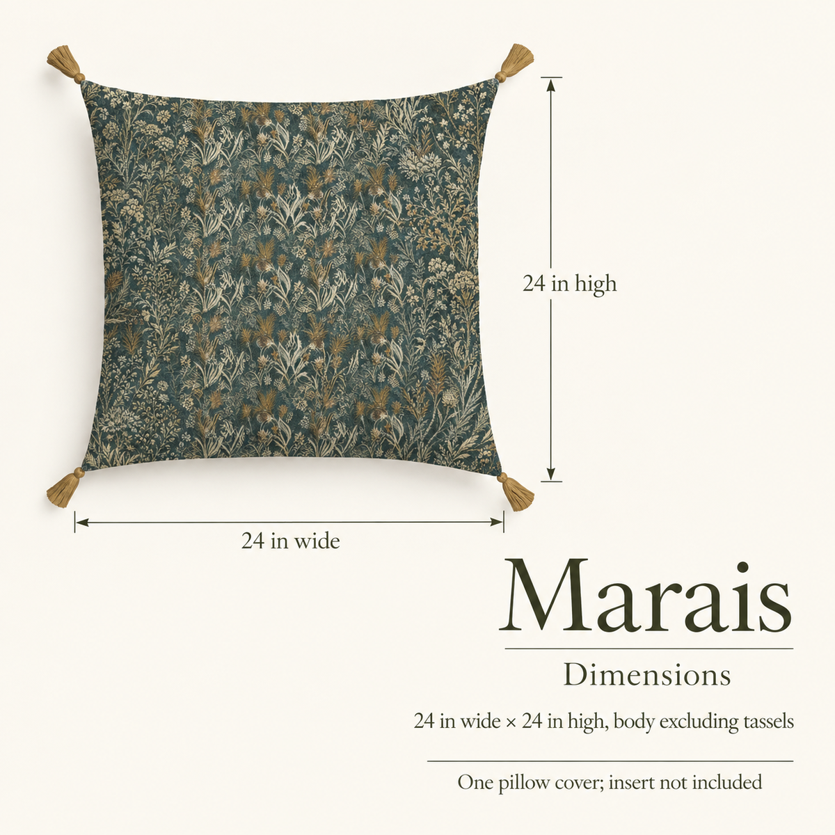 Marais — 24 × 24 Linen Square Cover; dimensions and inclusions.