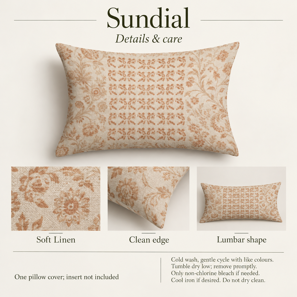 Sundial — 18 × 12 Soft Linen Lumbar Cover; details and care.