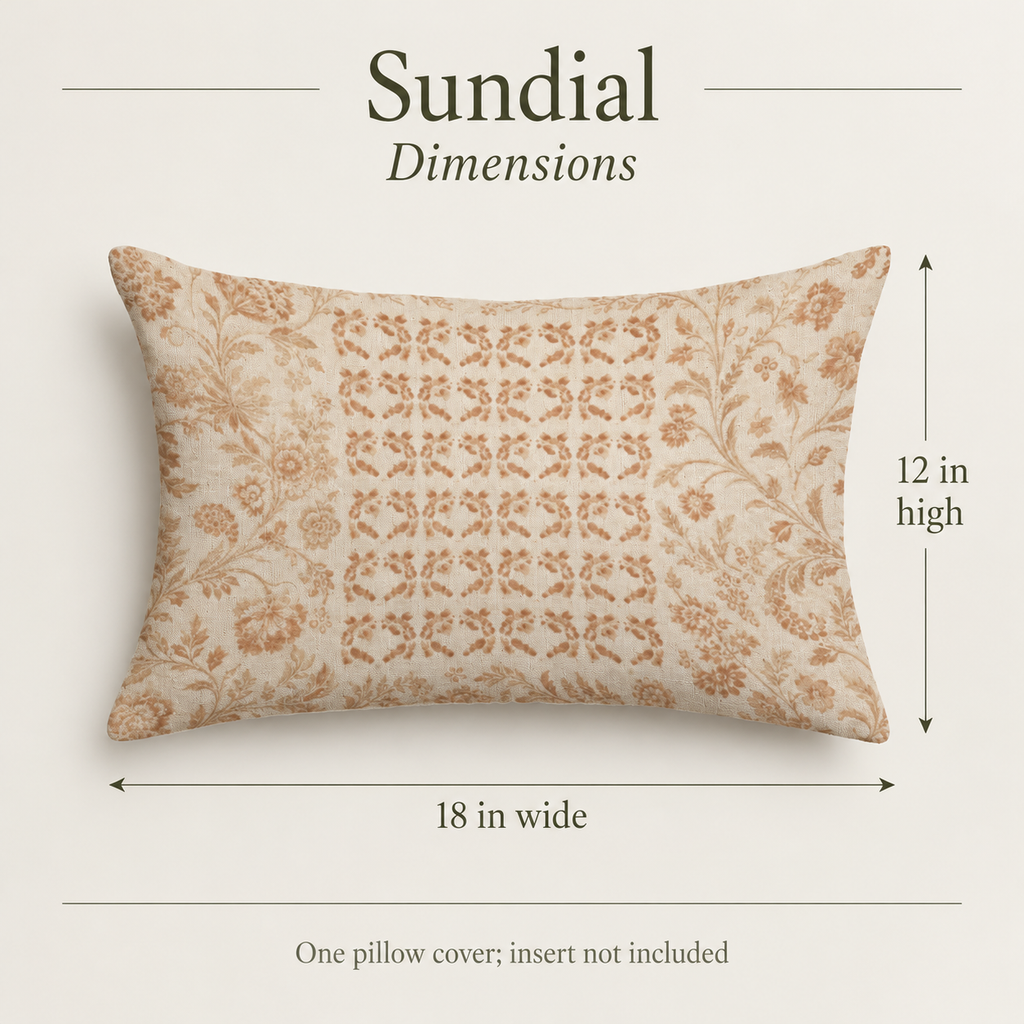 Sundial — 18 × 12 Soft Linen Lumbar Cover; dimensions and inclusions.