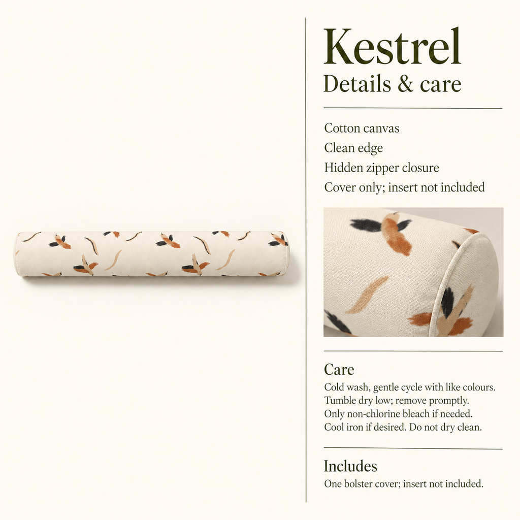 Kestrel Painterly Long Bolster Pillow Cover — 6 × 53 in, Sienna & Flax; details and care.