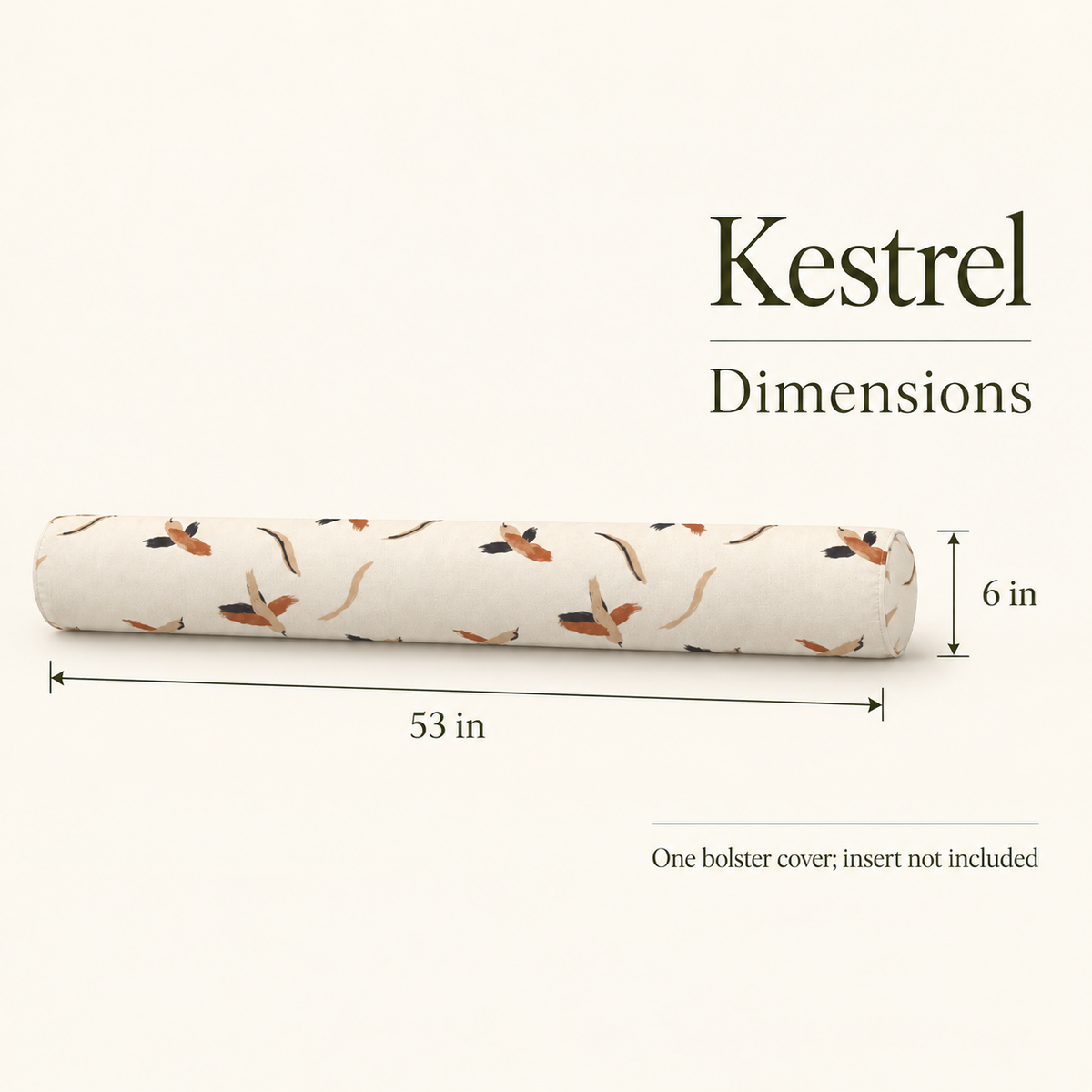 Kestrel Painterly Long Bolster Pillow Cover — 6 × 53 in, Sienna & Flax; dimensions and inclusions.