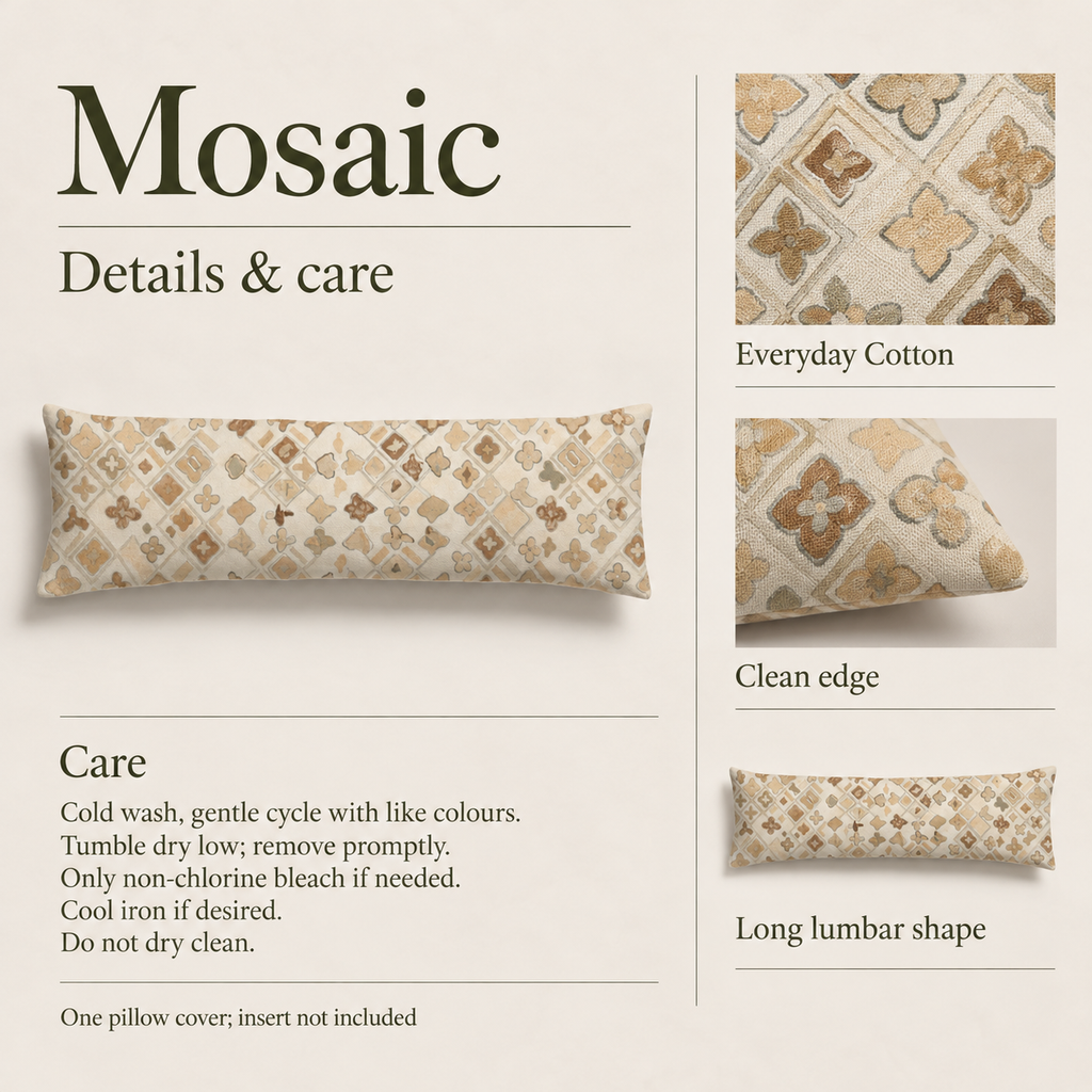 Mosaic — 46 × 12 Long Lumbar Cover; details and care.