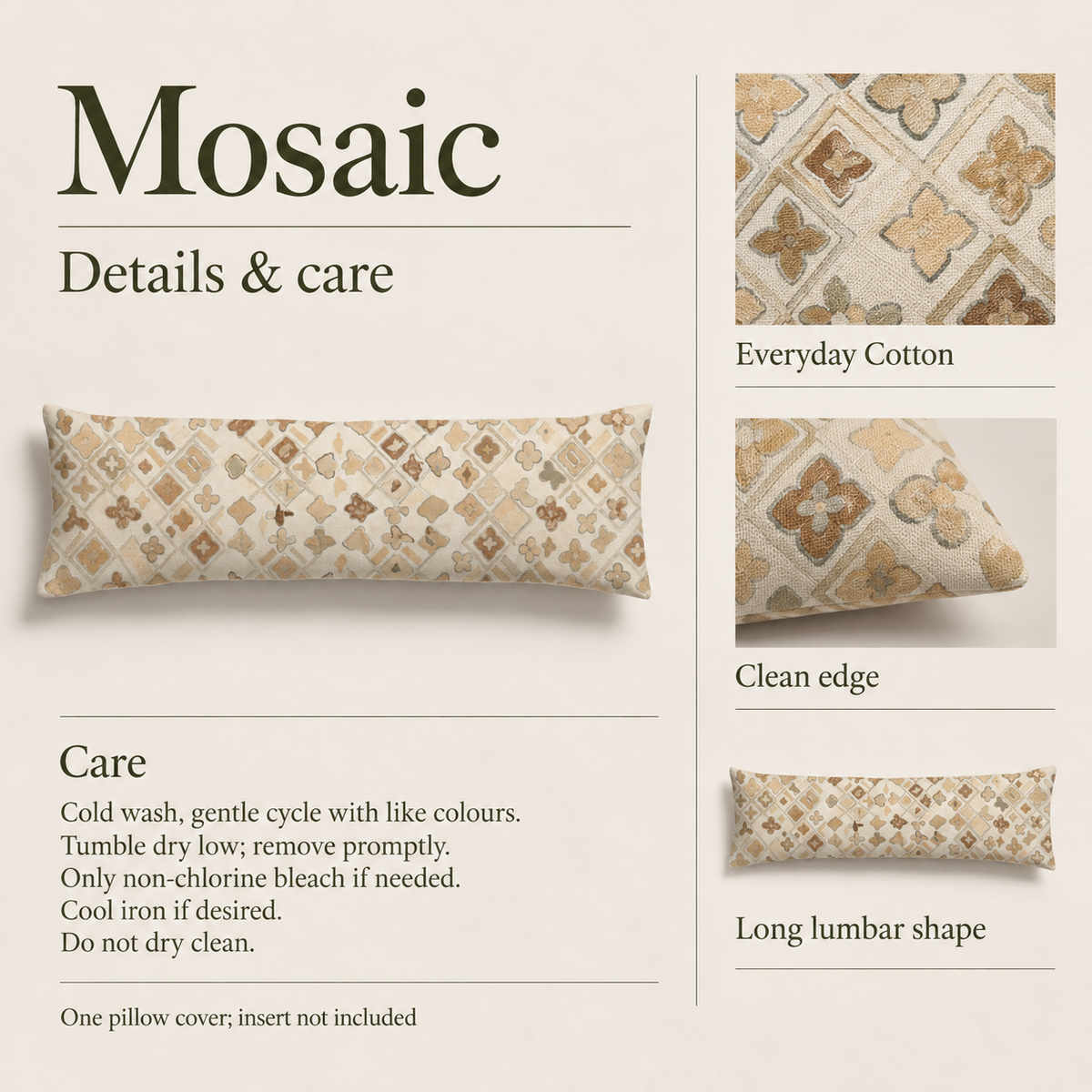Mosaic — 46 × 12 Long Lumbar Cover; details and care.