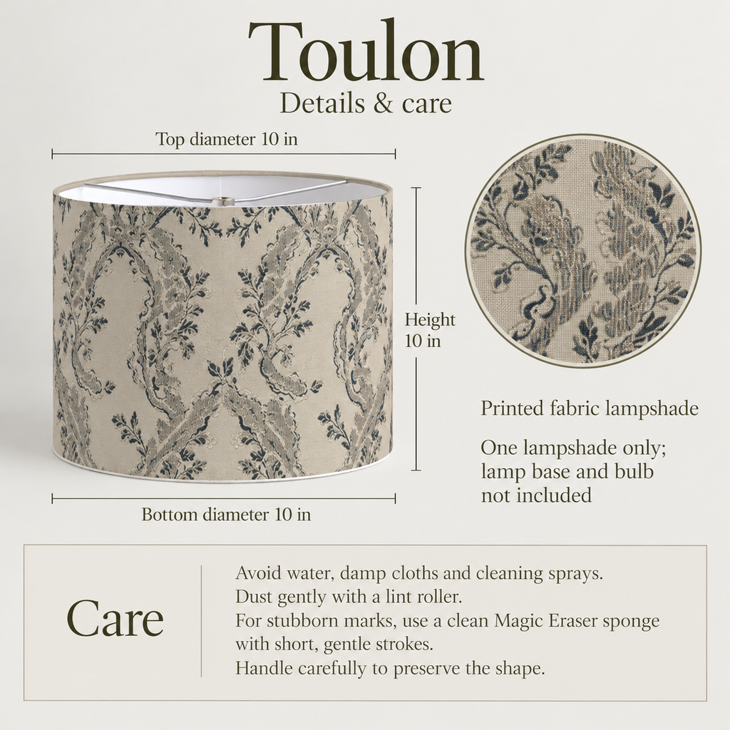 Toulon Scenic Drum Lampshade — 10 in Diameter × 10 in High, Ink & Ivory; details and care.