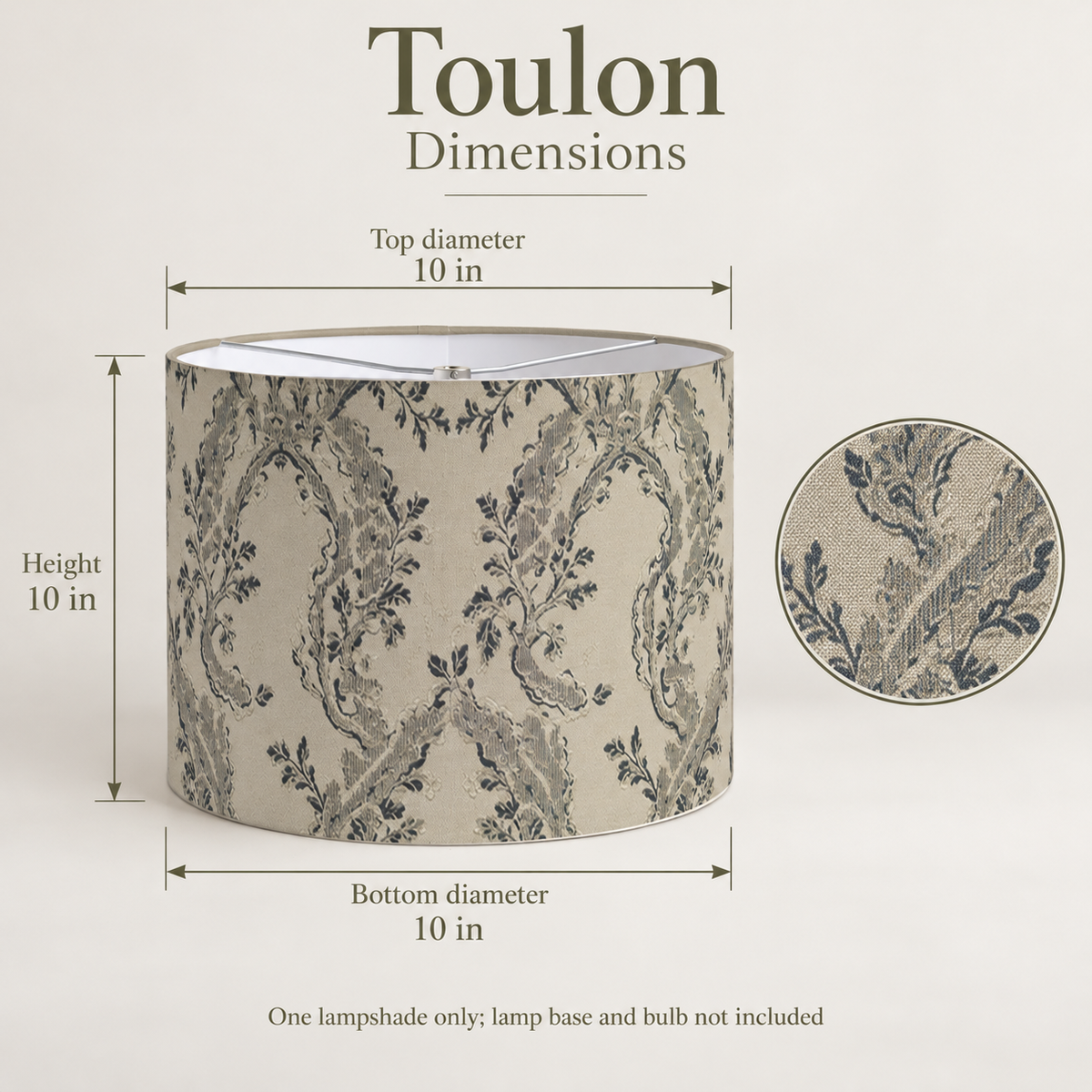 Toulon Scenic Drum Lampshade — 10 in Diameter × 10 in High, Ink & Ivory; dimensions and inclusions.