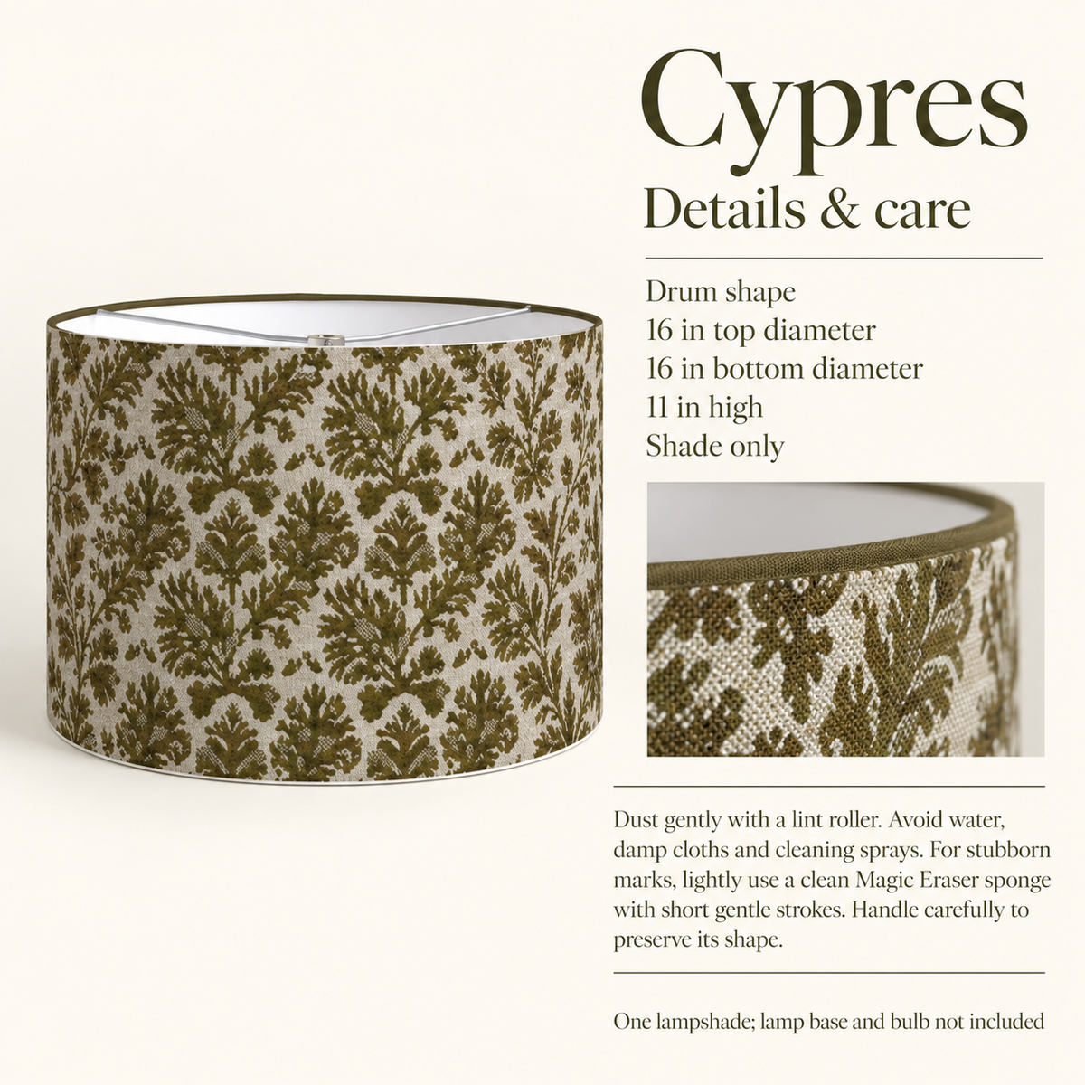Cypres Botanical Drum Lampshade — 16 in Diameter × 11 in High, Moss & Chalk; details and care.