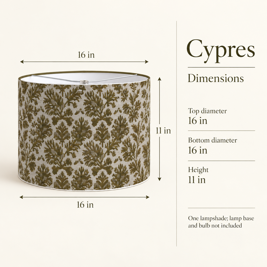 Cypres Botanical Drum Lampshade — 16 in Diameter × 11 in High, Moss & Chalk; dimensions and inclusions.