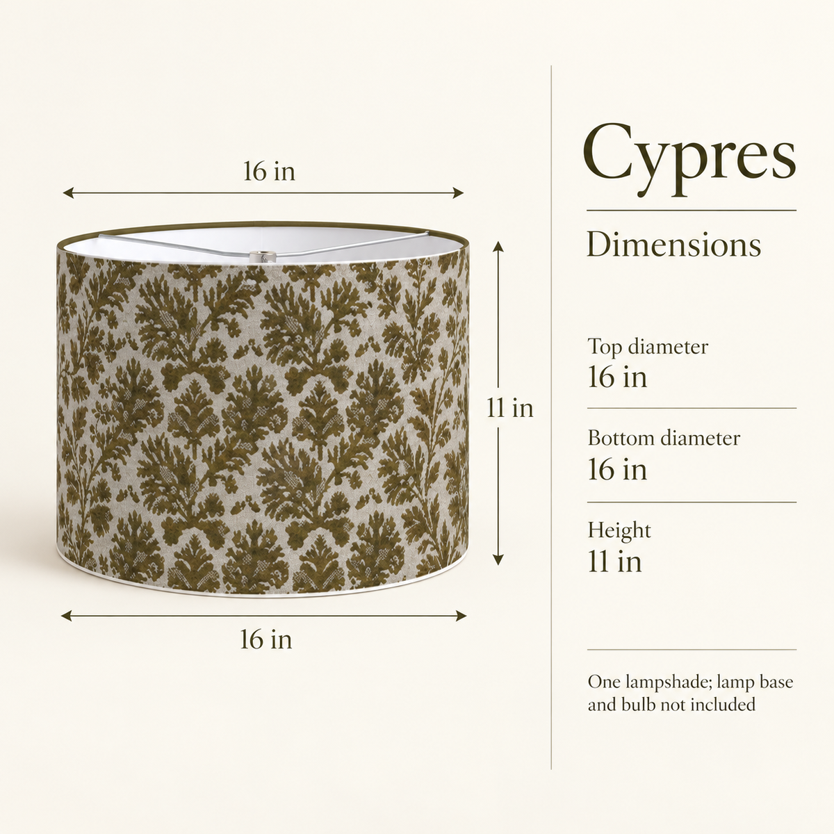 Cypres Botanical Drum Lampshade — 16 in Diameter × 11 in High, Moss & Chalk; dimensions and inclusions.