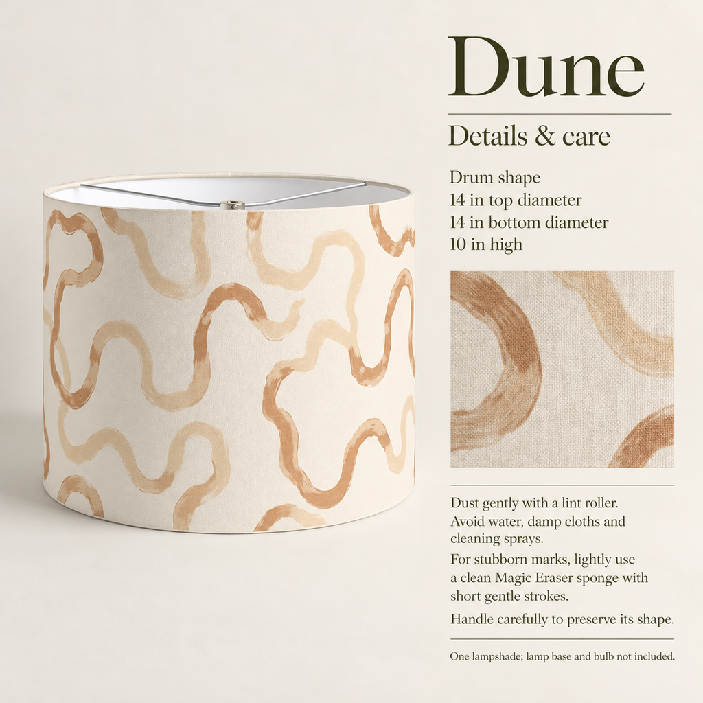 Dune Painted Wave Drum Lampshade — 14 in Diameter × 10 in High, Camel & Chalk; details and care.