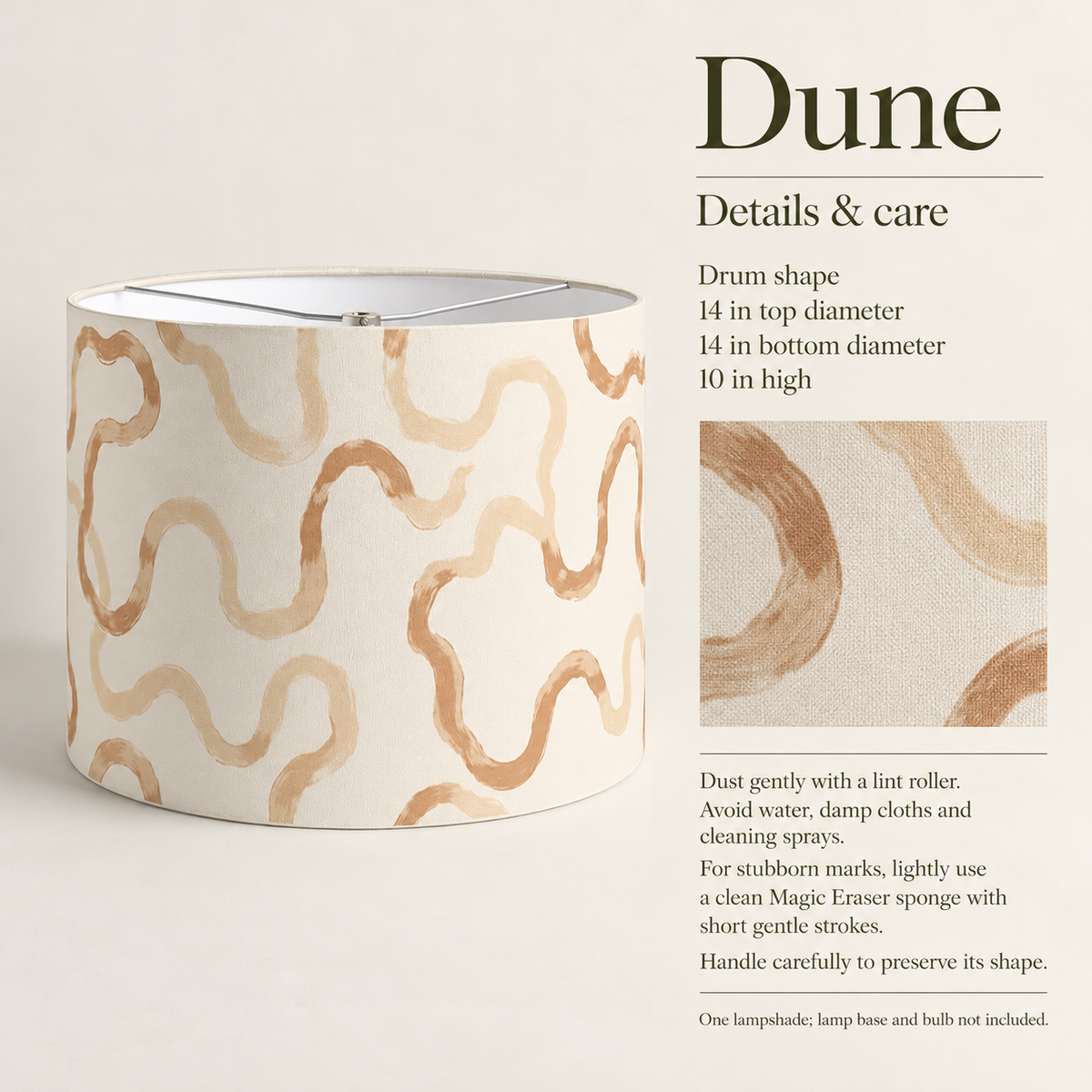 Dune Painted Wave Drum Lampshade — 14 in Diameter × 10 in High, Camel & Chalk; details and care.