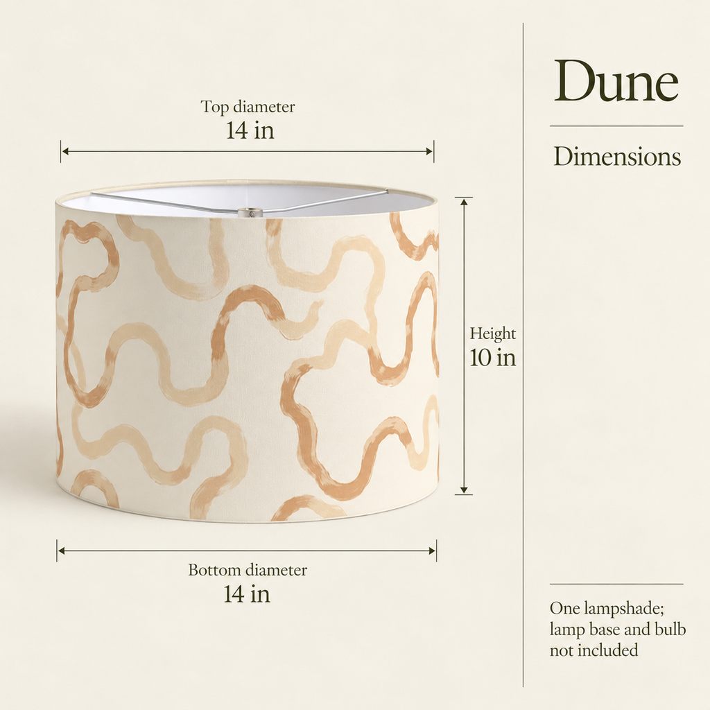 Dune Painted Wave Drum Lampshade — 14 in Diameter × 10 in High, Camel & Chalk; dimensions and inclusions.
