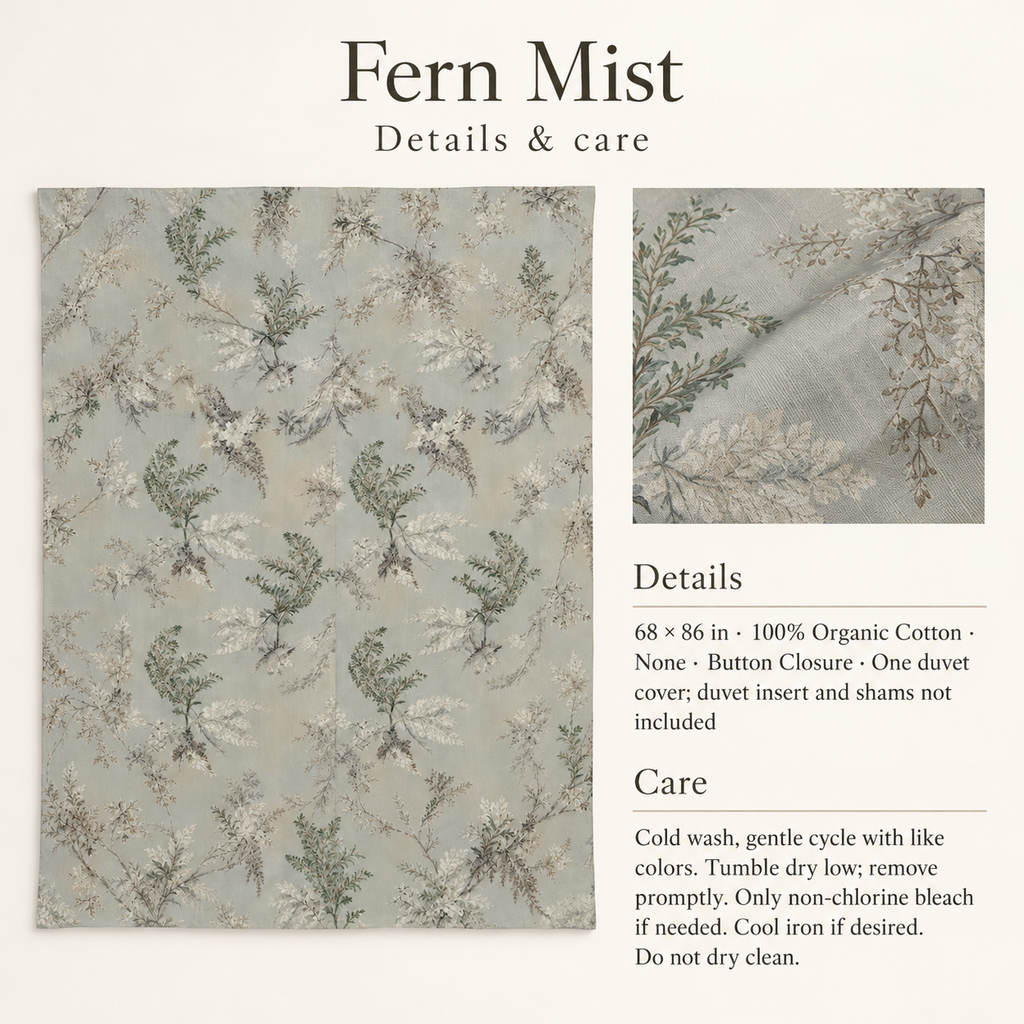 Fern Mist Botanical Cotton Duvet Cover — Twin / Twin XL, Mist & Sage; details and care.