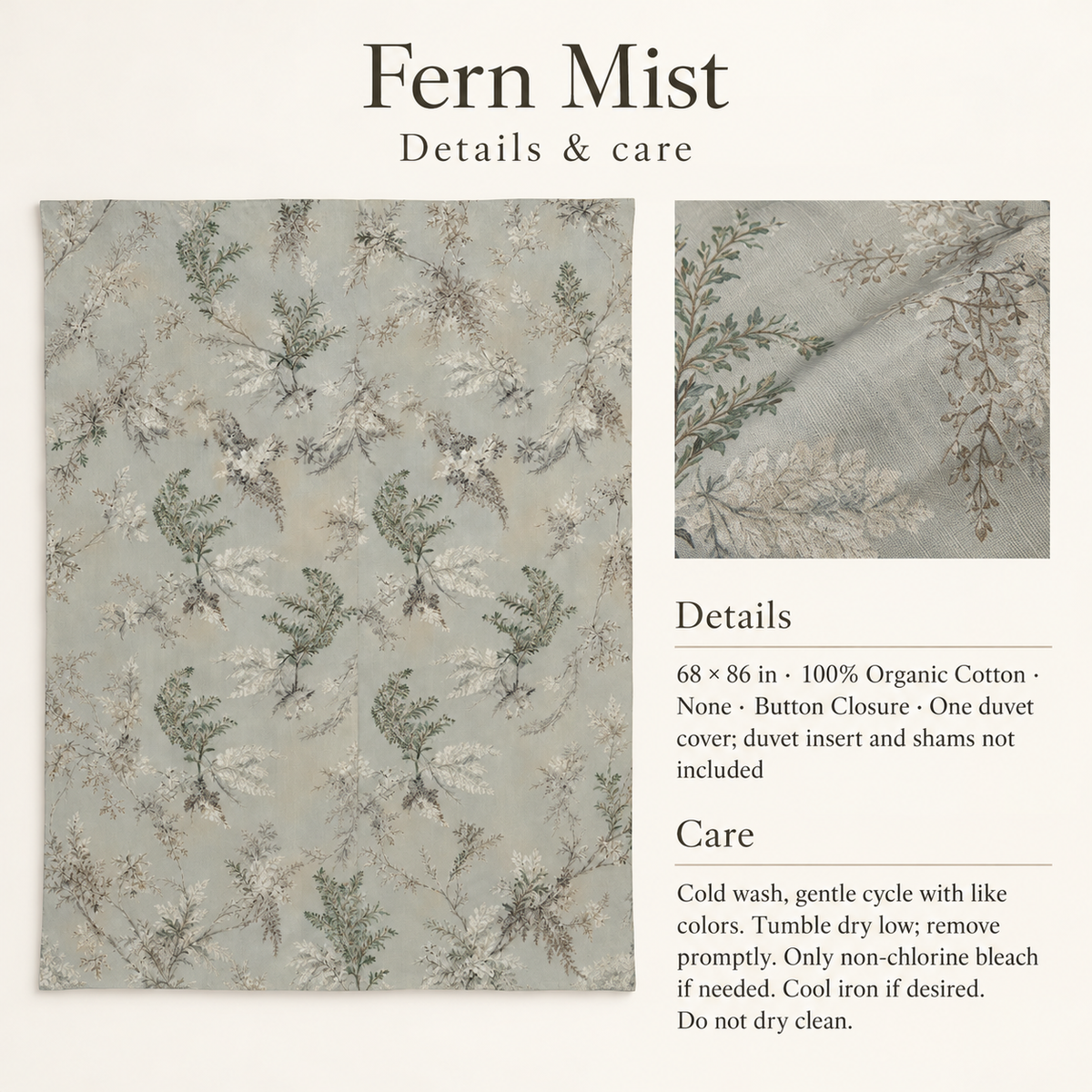 Fern Mist Botanical Cotton Duvet Cover — Twin / Twin XL, Mist & Sage; details and care.