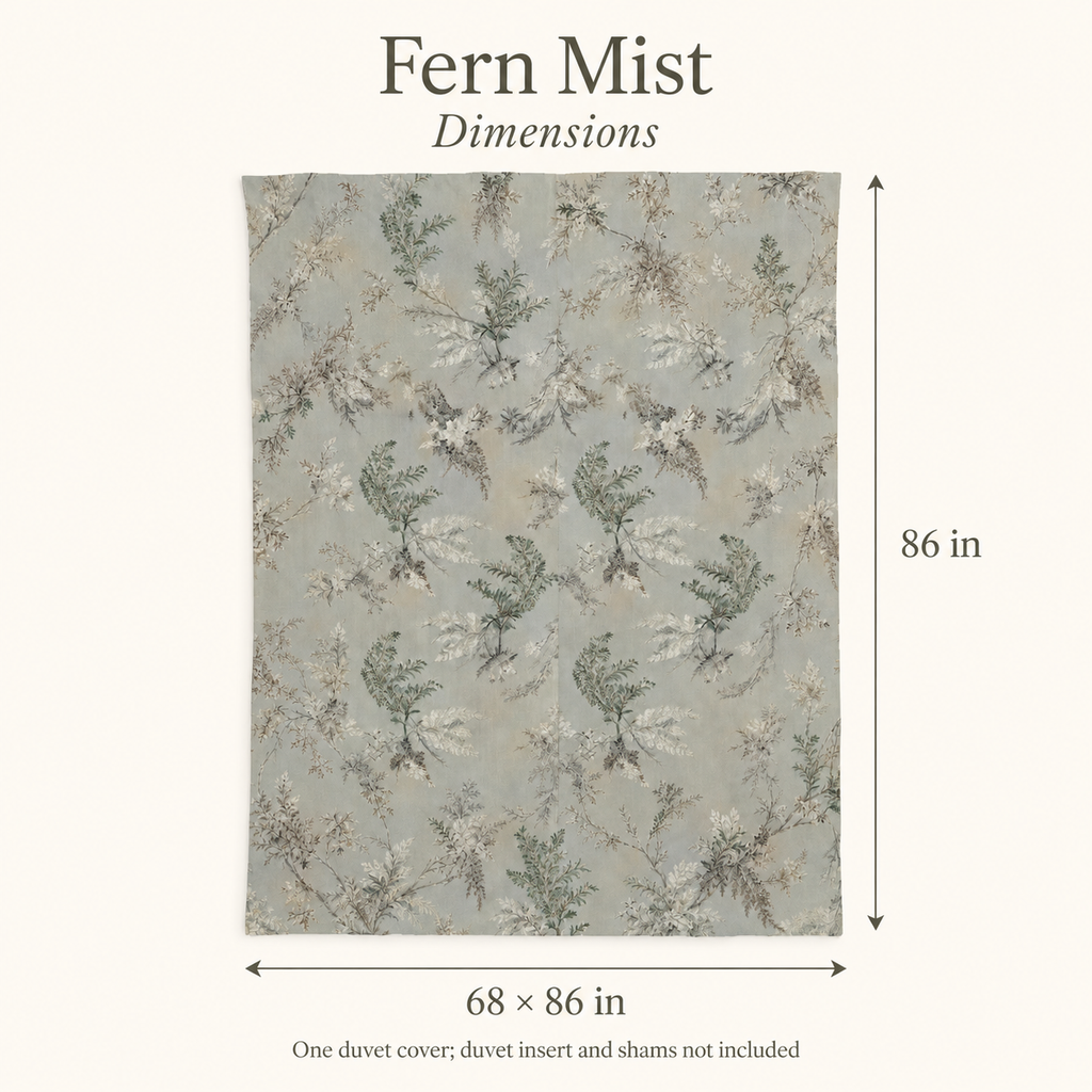 Fern Mist Botanical Cotton Duvet Cover — Twin / Twin XL, Mist & Sage; dimensions and inclusions.