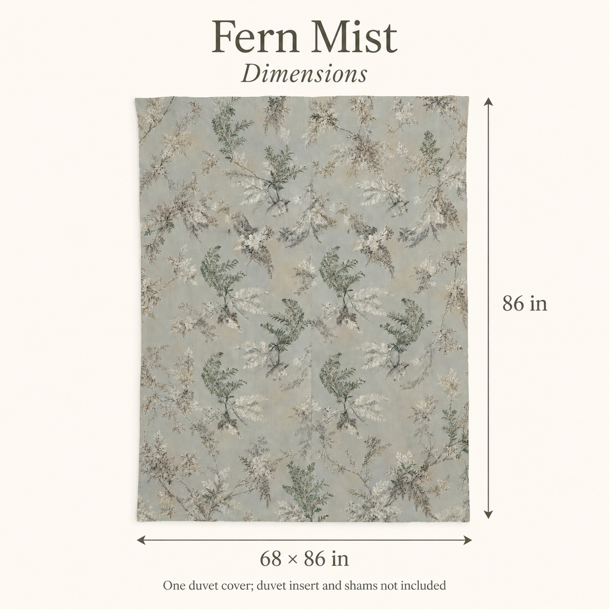 Fern Mist Botanical Cotton Duvet Cover — Twin / Twin XL, Mist & Sage; dimensions and inclusions.