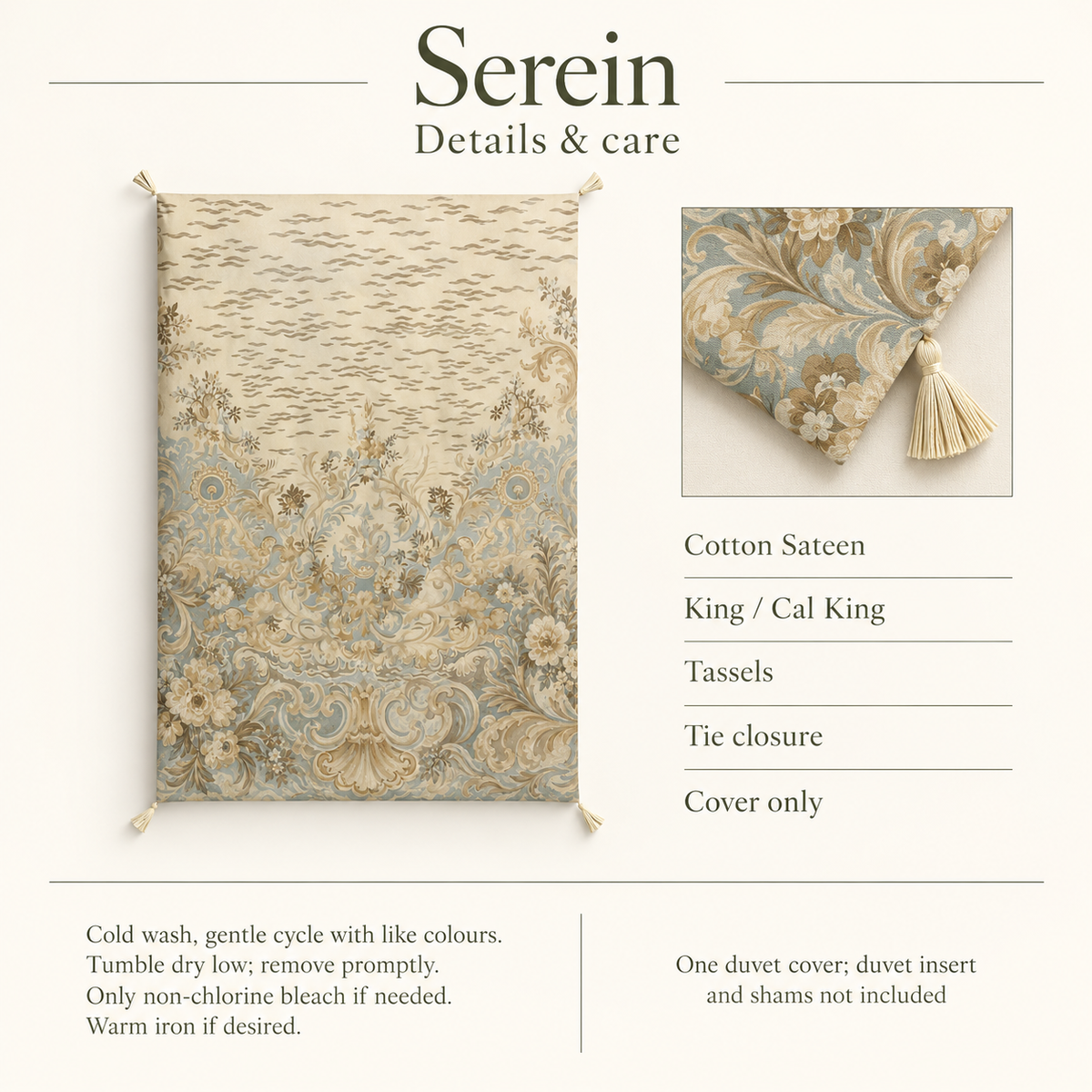 Serein Ornamental Tasselled Cotton Sateen Duvet Cover — King / Cal King, Mist Blue & Ochre; details and care.
