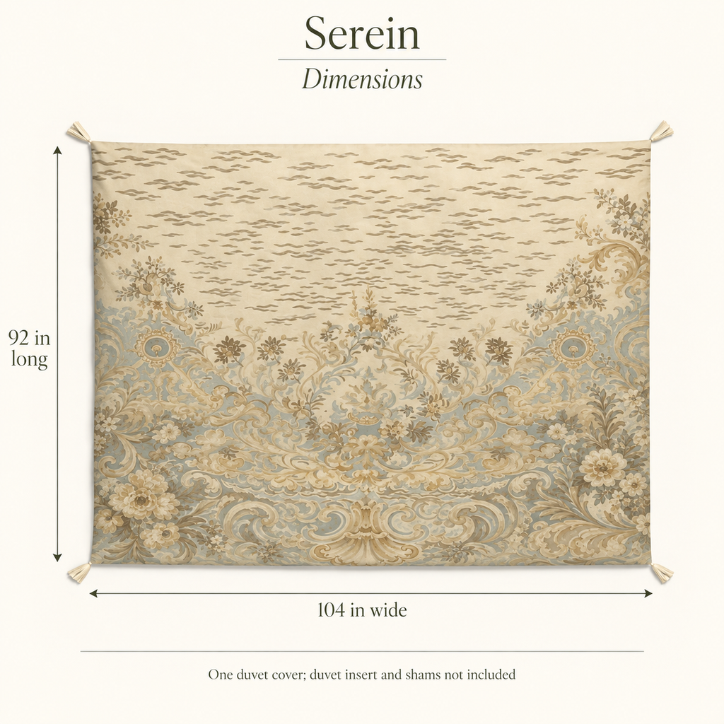 Serein Ornamental Tasselled Cotton Sateen Duvet Cover — King / Cal King, Mist Blue & Ochre; dimensions and inclusions.