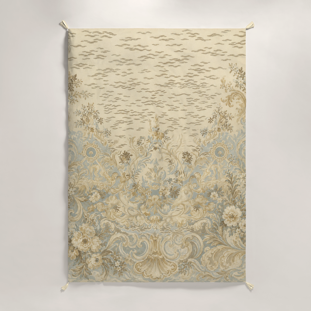Serein Ornamental Tasselled Cotton Sateen Duvet Cover — King / Cal King, Mist Blue & Ochre; supplier product view 1.