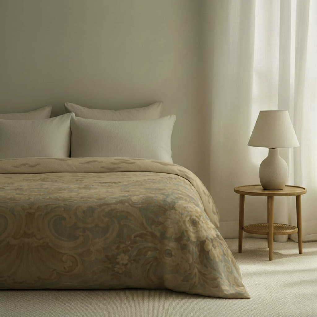 Serein Ornamental Tasselled Cotton Sateen Duvet Cover — King / Cal King, Mist Blue & Ochre; supplier product view 2.