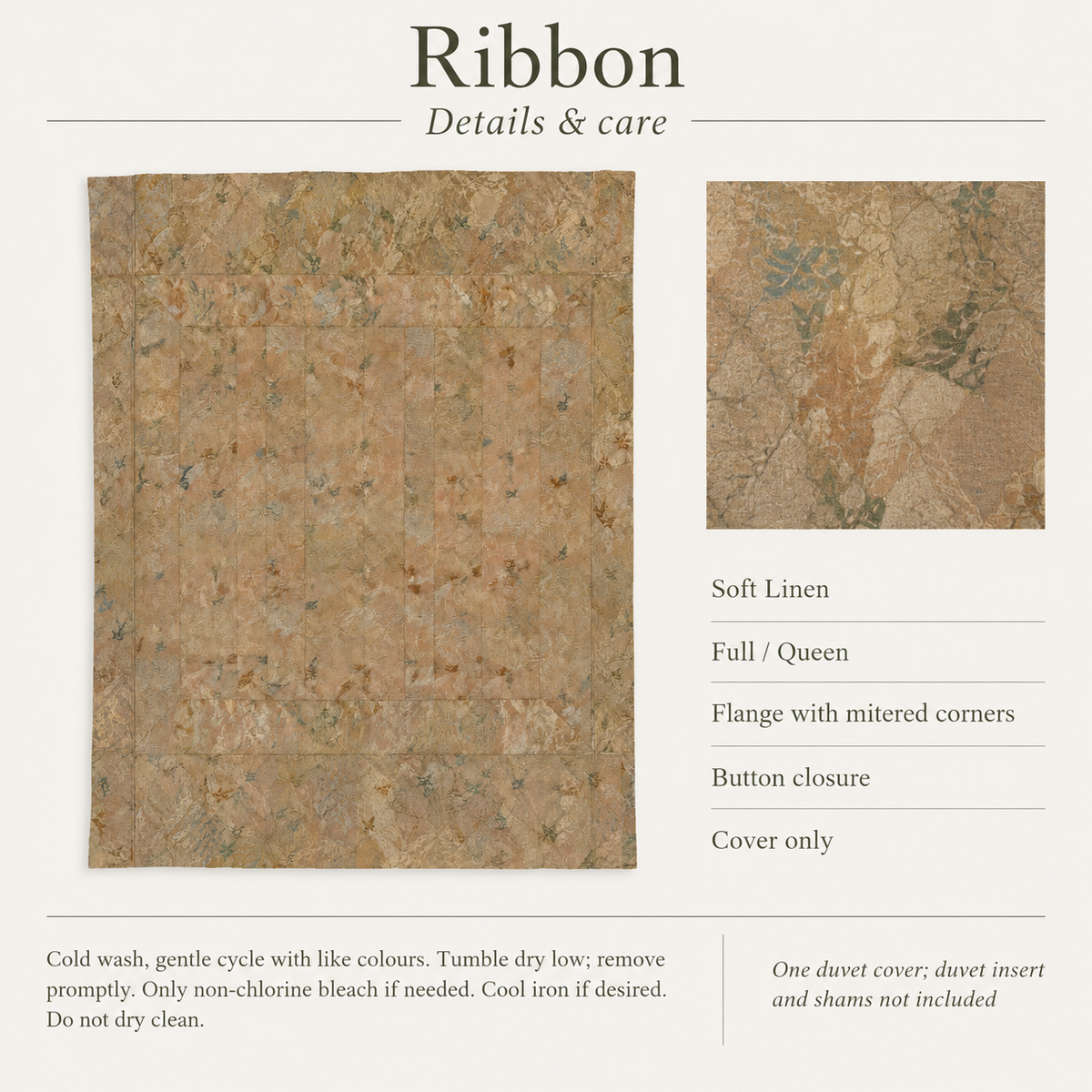 Ribbon Patinated Abstract Soft Linen Duvet Cover — Full / Queen, Antique Ochre & Slate; details and care.