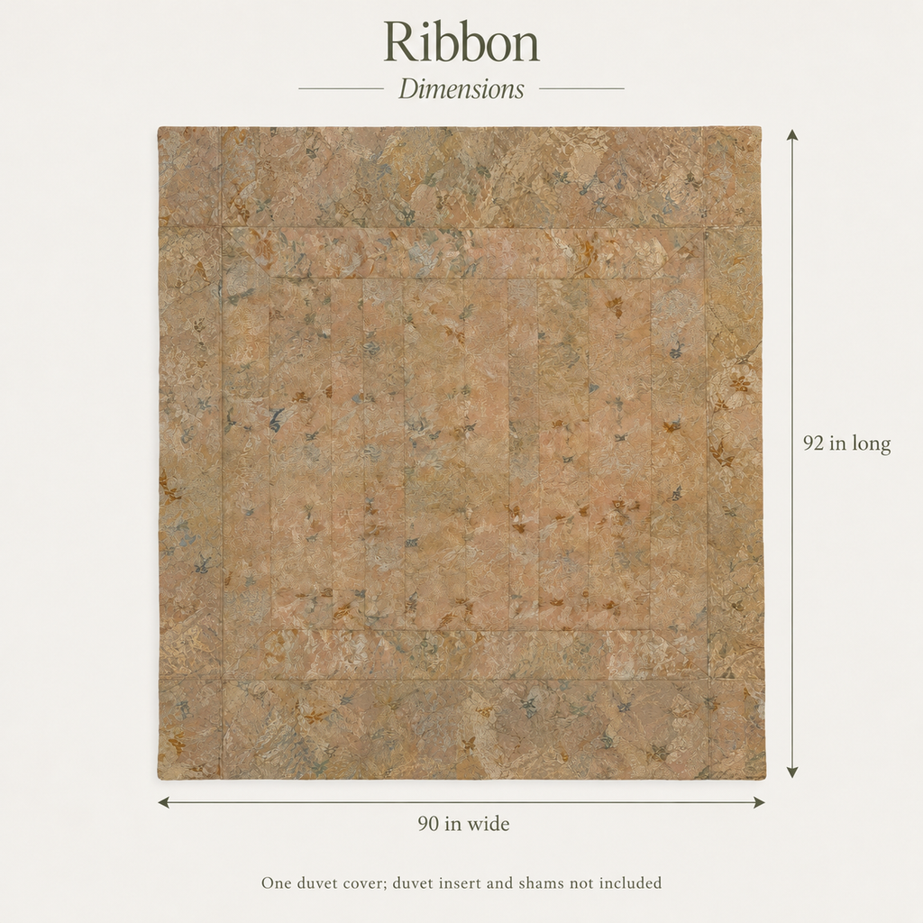 Ribbon Patinated Abstract Soft Linen Duvet Cover — Full / Queen, Antique Ochre & Slate; dimensions and inclusions.