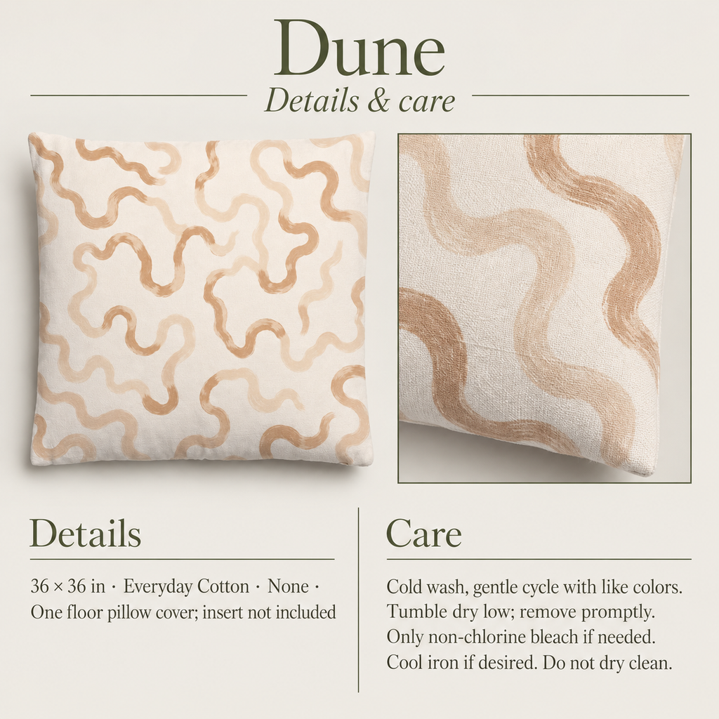 Dune Abstract Floor Pillow Cover — 36 in Square, Camel & Chalk; details and care.