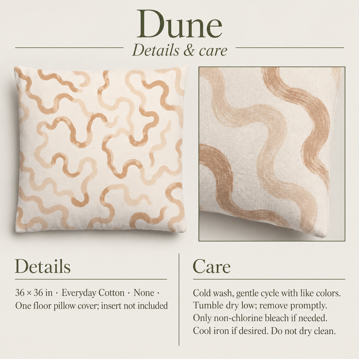 Dune Abstract Floor Pillow Cover — 36 in Square, Camel & Chalk; details and care.