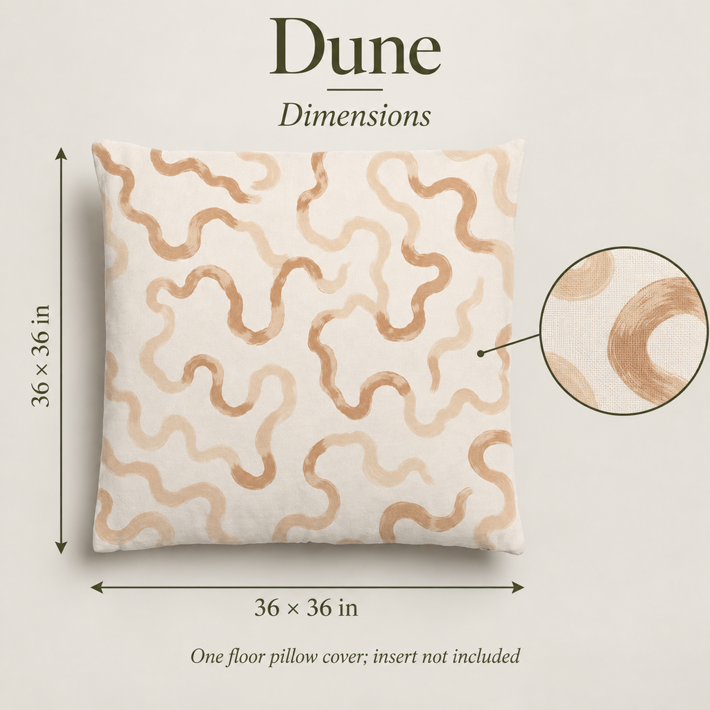Dune Abstract Floor Pillow Cover — 36 in Square, Camel & Chalk; dimensions and inclusions.