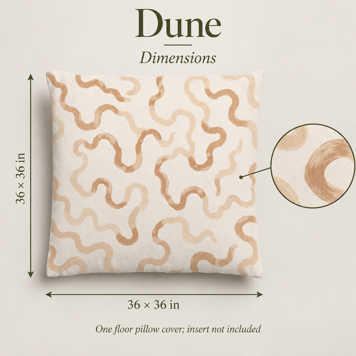Dune Abstract Floor Pillow Cover — 36 in Square, Camel & Chalk; dimensions and inclusions.