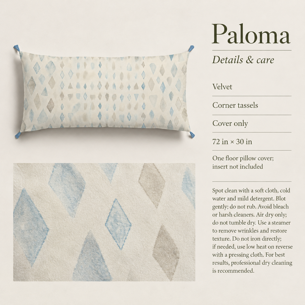 Paloma Geometric Tasselled Velvet Floor Pillow Cover — 72 × 30 in, Blue & Ivory; details and care.