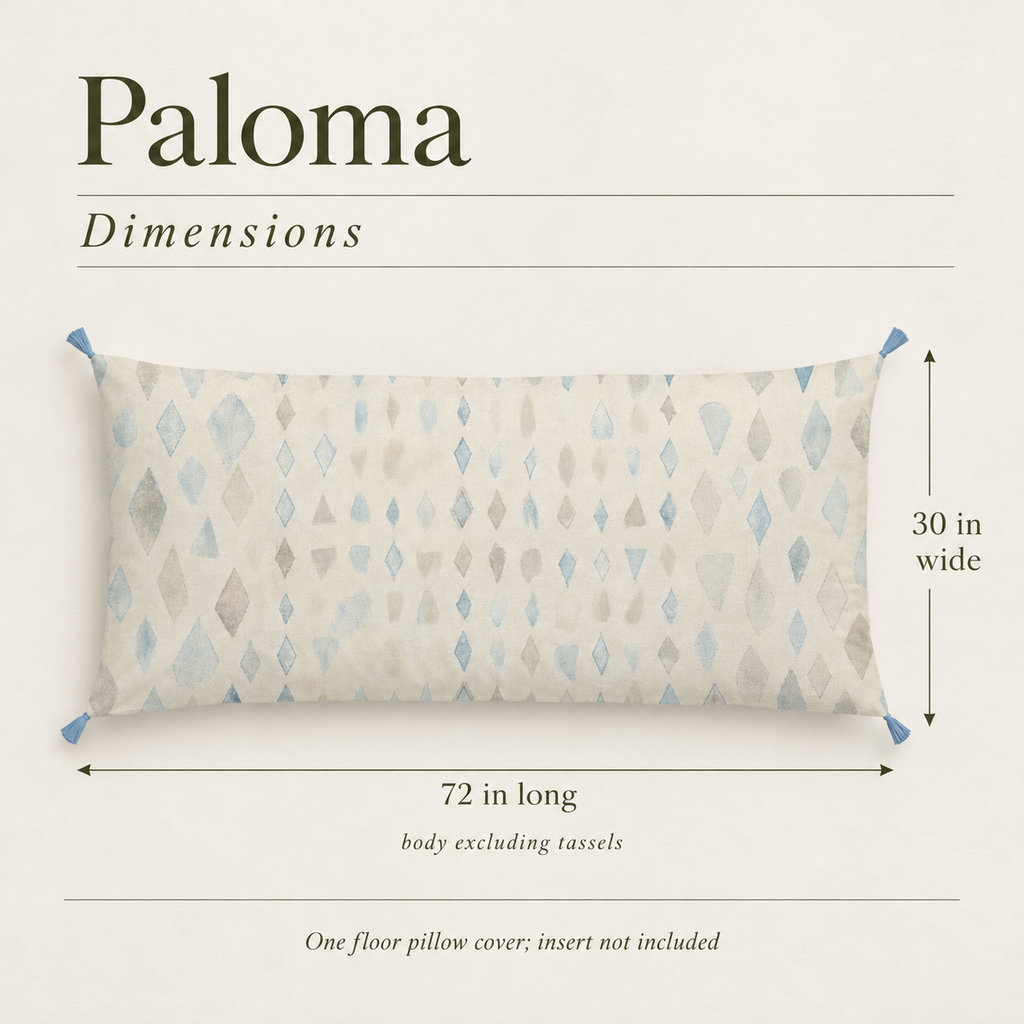 Paloma Geometric Tasselled Velvet Floor Pillow Cover — 72 × 30 in, Blue & Ivory; dimensions and inclusions.