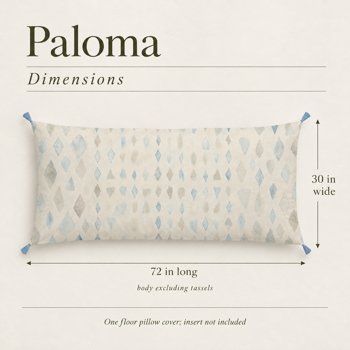 Paloma Geometric Tasselled Velvet Floor Pillow Cover — 72 × 30 in, Blue & Ivory; dimensions and inclusions.