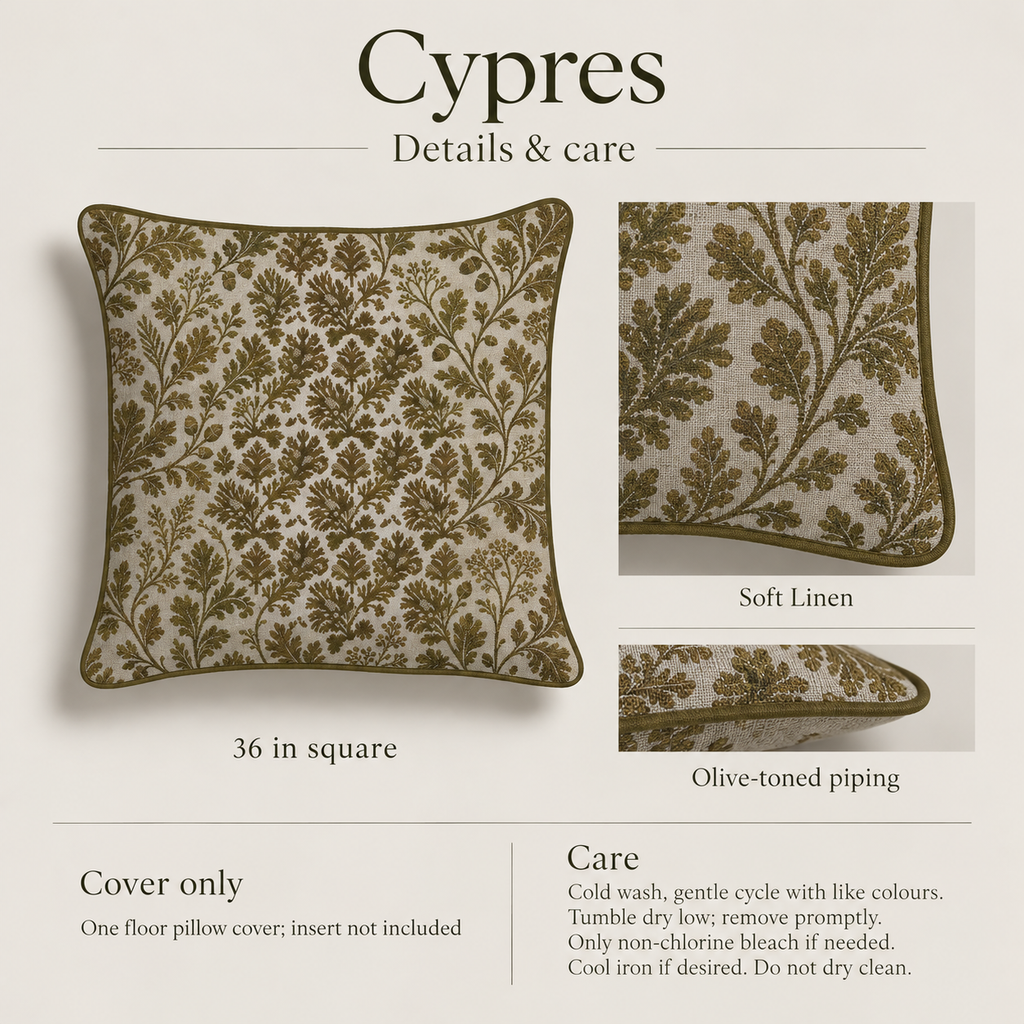 Cypres Botanical Piped Soft Linen Floor Pillow Cover — 36 in Square, Moss & Chalk; details and care.