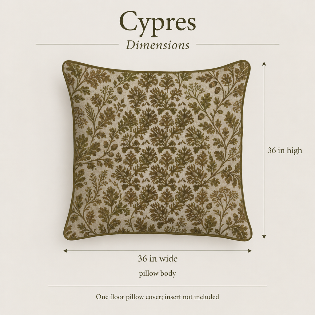 Cypres Botanical Piped Soft Linen Floor Pillow Cover — 36 in Square, Moss & Chalk; dimensions and inclusions.