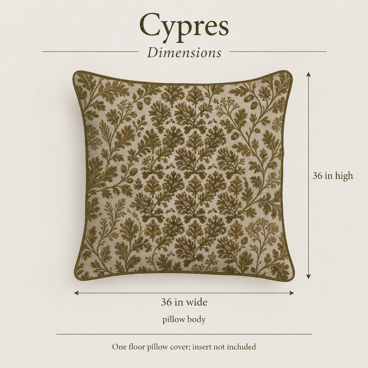 Cypres Botanical Piped Soft Linen Floor Pillow Cover — 36 in Square, Moss & Chalk; dimensions and inclusions.
