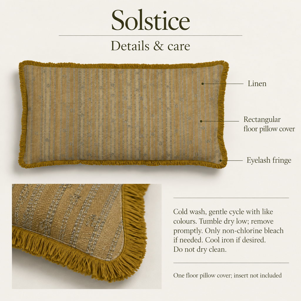 Solstice — 72 × 30 Linen Fringed Floor Cushion Cover; details and care.