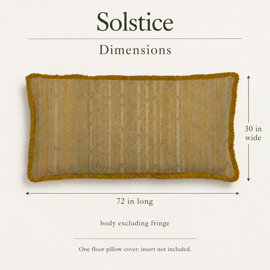 Solstice — 72 × 30 Linen Fringed Floor Cushion Cover; dimensions and inclusions.