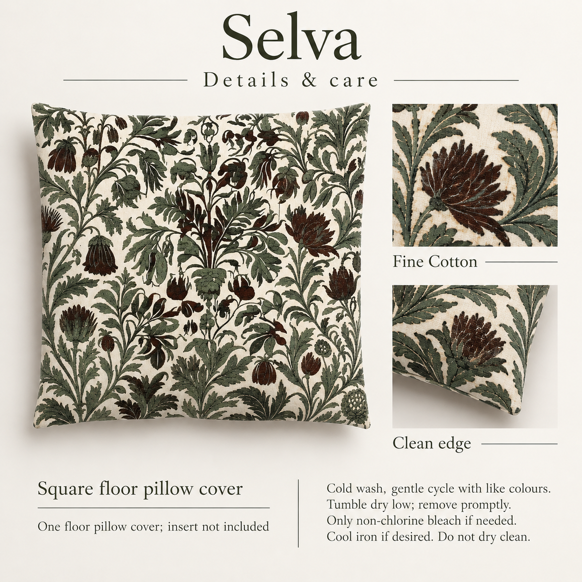 Selva — 36 Fine Cotton Floor Cushion Cover; details and care.