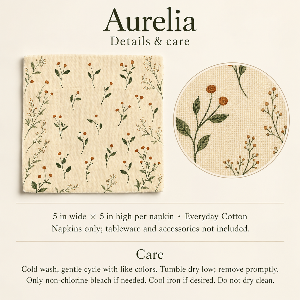 Aurelia Botanical Cotton Cocktail Napkins — 5 in Square, Butter & Olive; details and care.