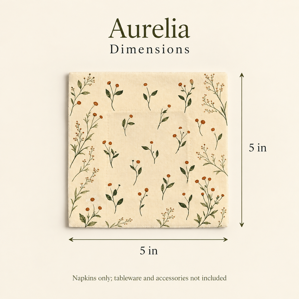 Aurelia Botanical Cotton Cocktail Napkins — 5 in Square, Butter & Olive; dimensions and inclusions.