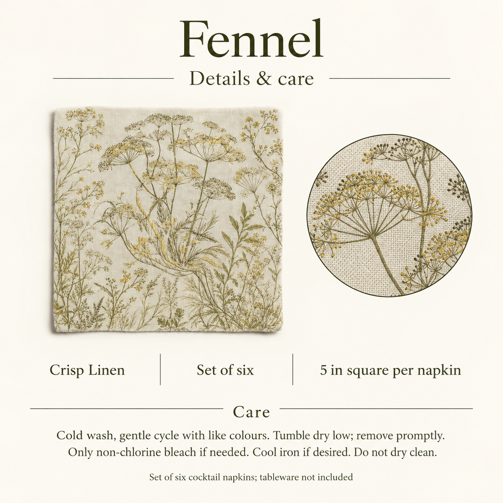 Fennel Botanical Linen Cocktail Napkins — 5 in Square, Set of 6; details and care.